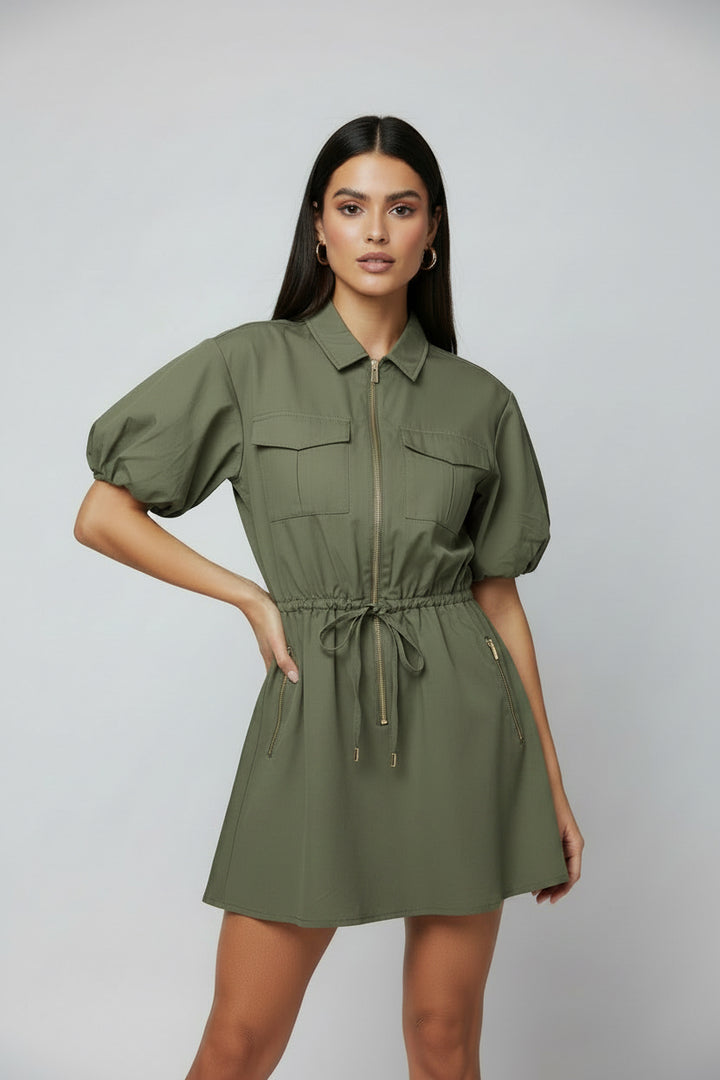 PUFF SLEEVE HALF ZIPPER DRESS