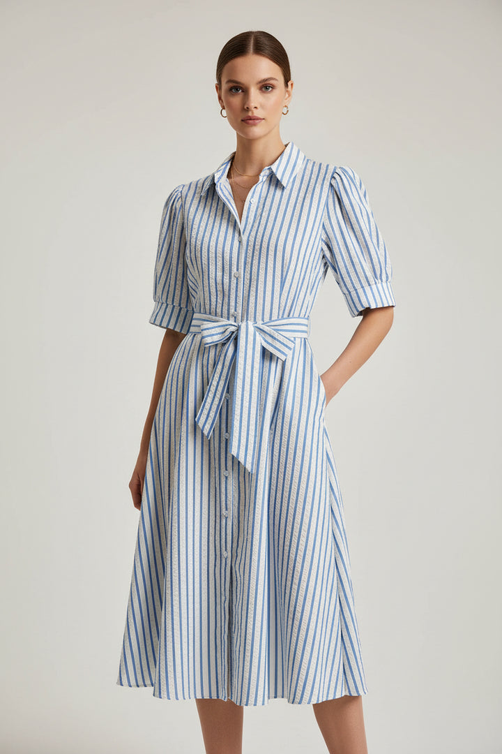 SHORT SLEEVE STRIPED MINI DRESS WITH POCKETS