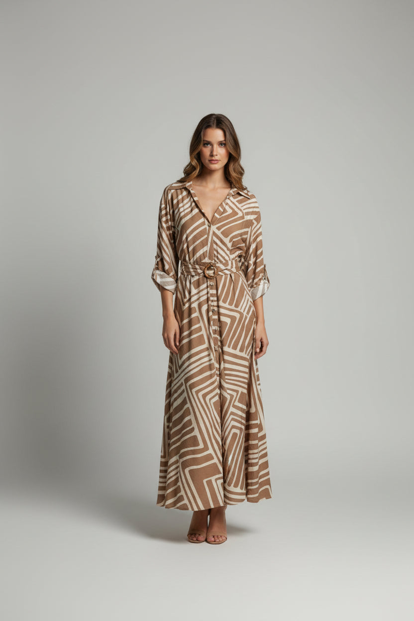 GEOMETRIC PATTERN MAXI DRESS WITH BELT AND COLLAR
