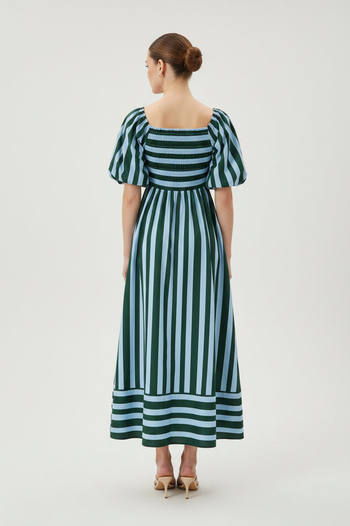 SMOCKED TOP, BUBBLE SLEEVE MIDI DRESS