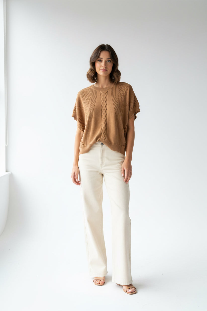 MIXED KNIT SHORT SLEEVE SWEATER