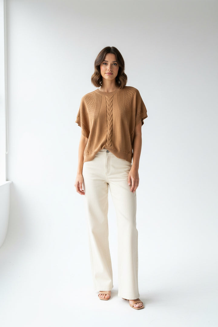MIXED KNIT SHORT SLEEVE SWEATER