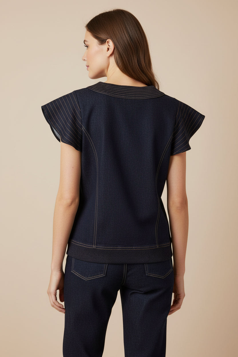 SHORT SLEEVE V-NECK DENIM TOP