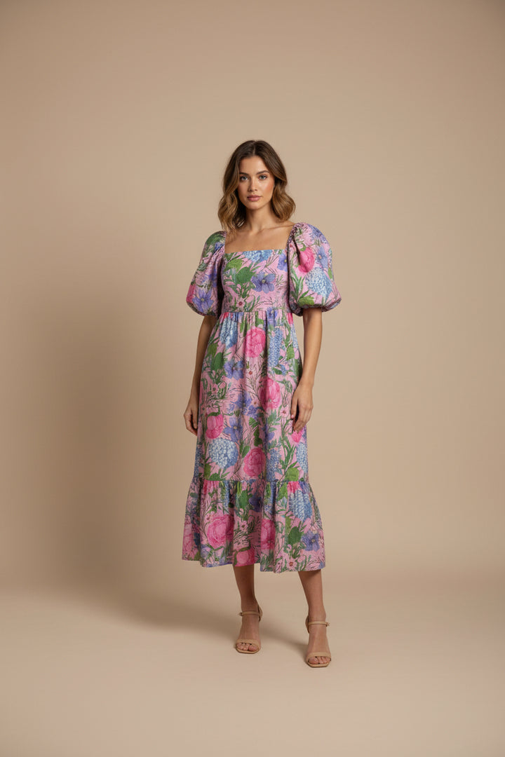 PUFF SLEEVE PINK FLORAL MIDI DRESS