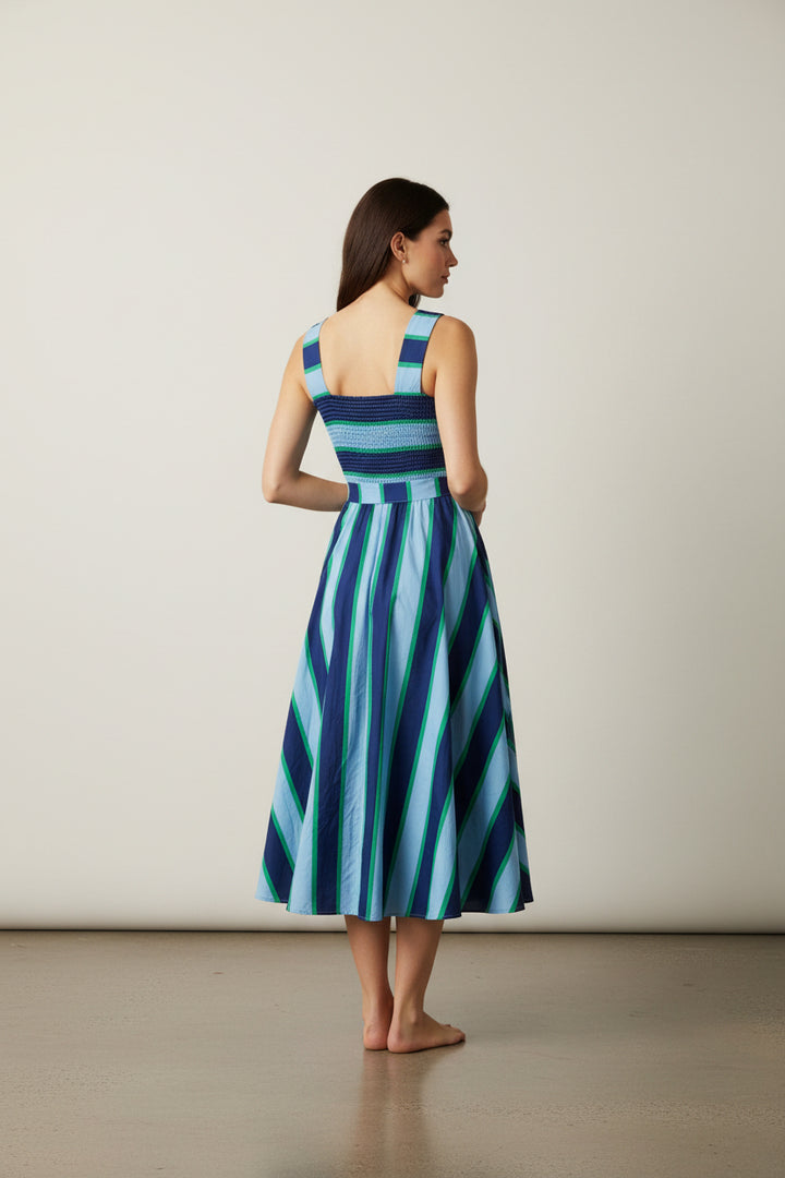 STRIPED SQUARE NECK BELTED MIDI DRESS