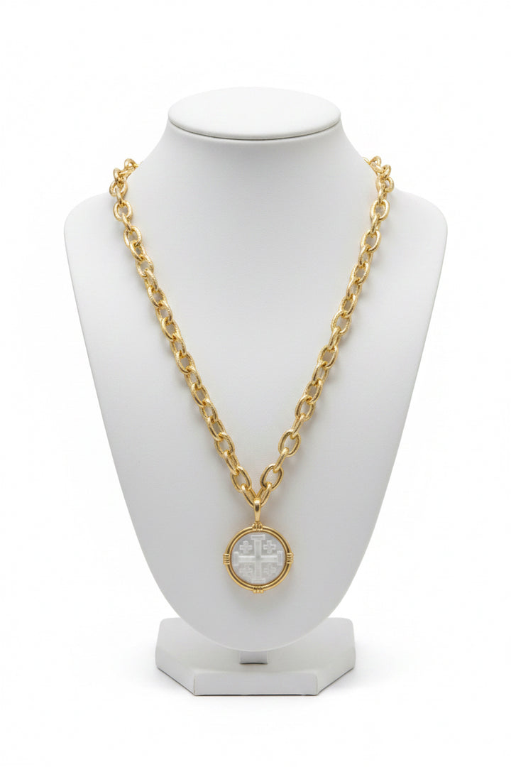 GOLD CHAIN WITH MOTHER OF PEARL JERUSALEM CROSS