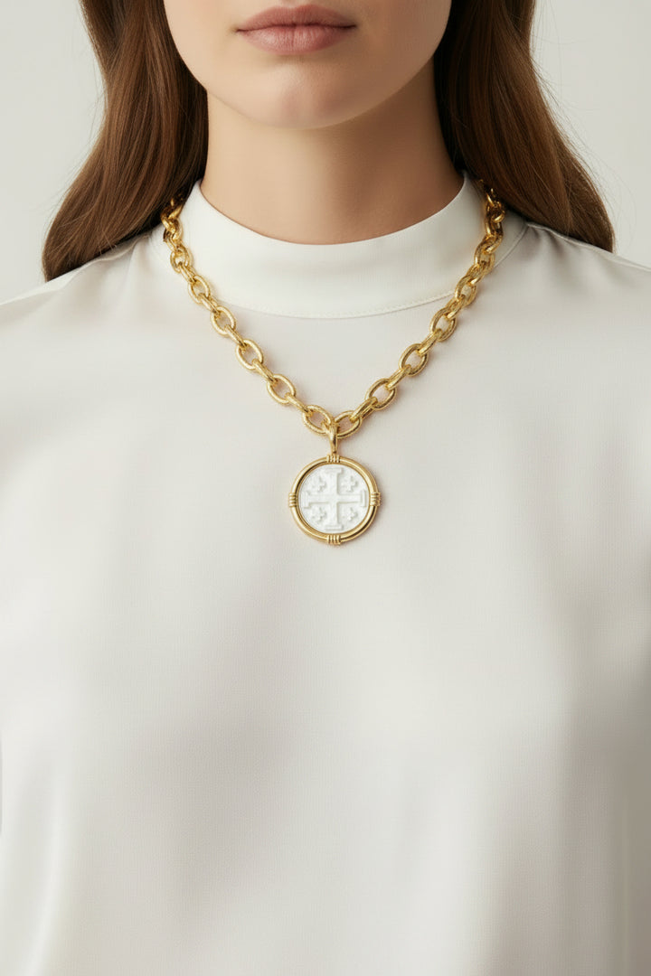 GOLD CHAIN WITH MOTHER OF PEARL JERUSALEM CROSS