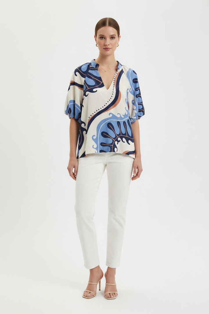 ABSTRACT PRINT TOP WITH PUFF SLEEVES