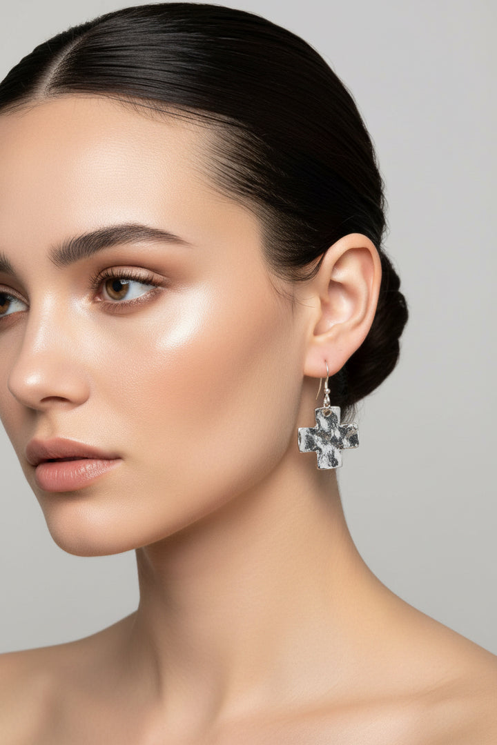HANDCAST SILVER MEDIUM CROSS EARRINGS