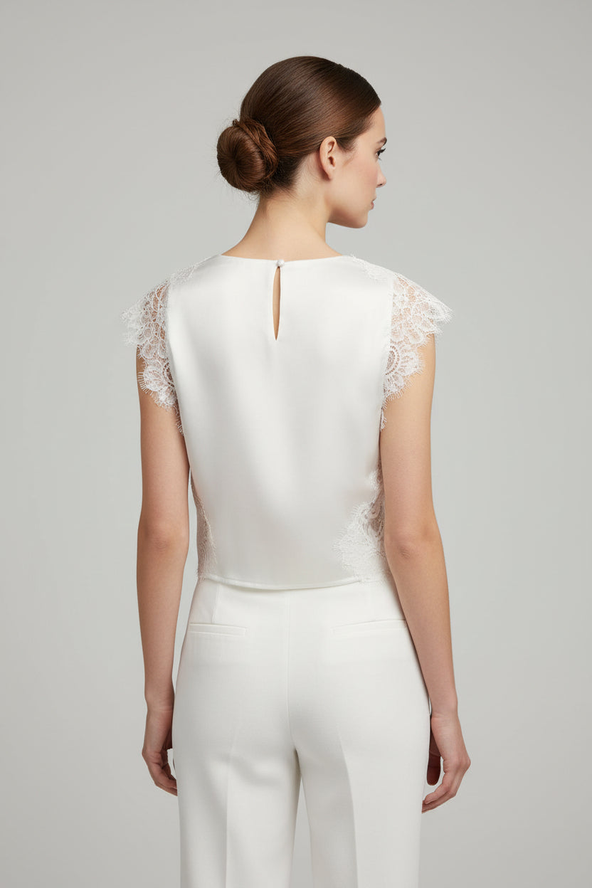 SLEEVELESS HIGH NECK LACE TRIM CROP TOP