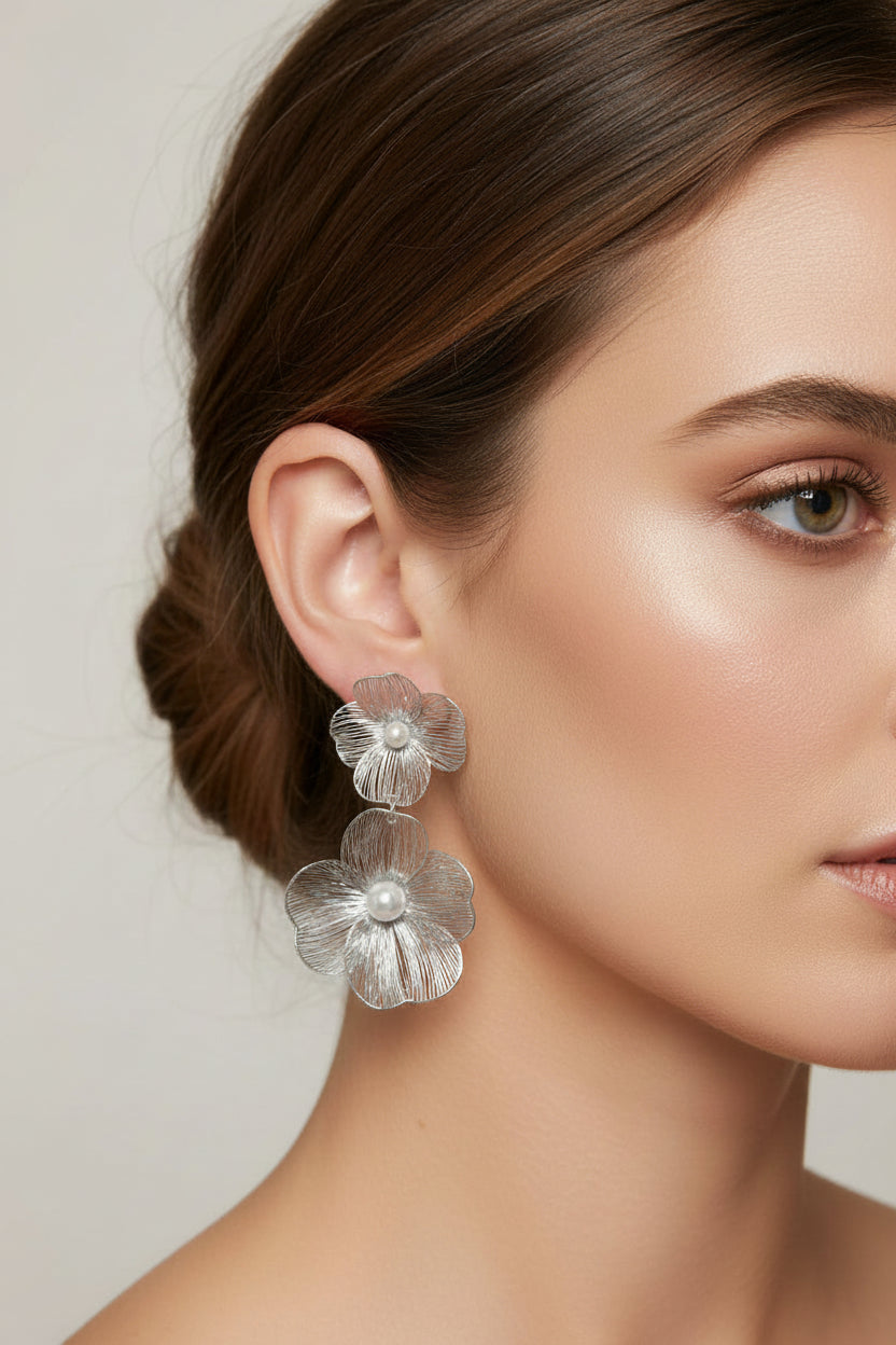 Metal Lace Pearl Flower Earrings