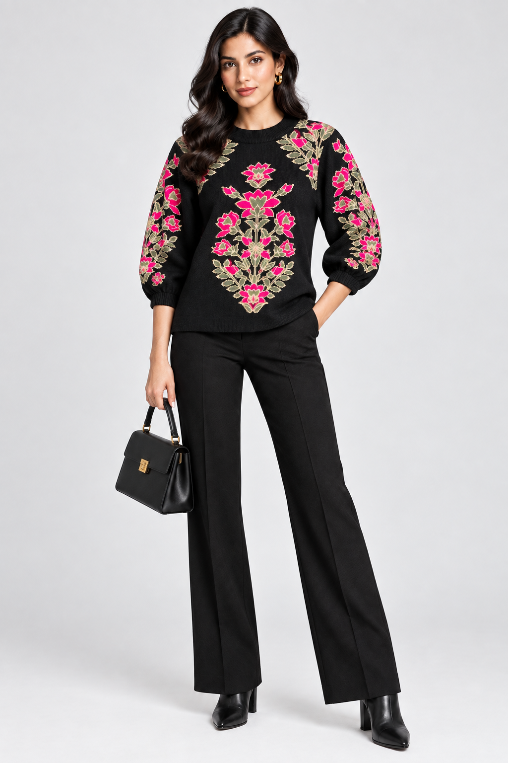 SHORT SLEEVE FLORAL PATTERN SWEATER