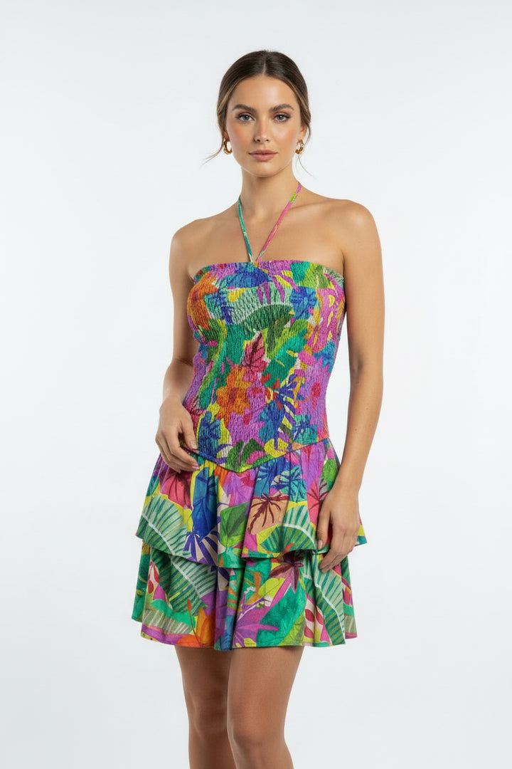 MULICOLORED HALTER TOP MINI DRESS