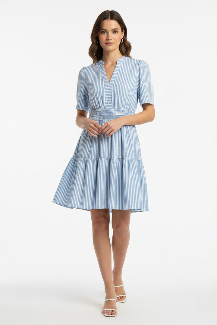 SHORT SLEEVE STRIPED WOVEN MINI DRESS WITH POCKETS