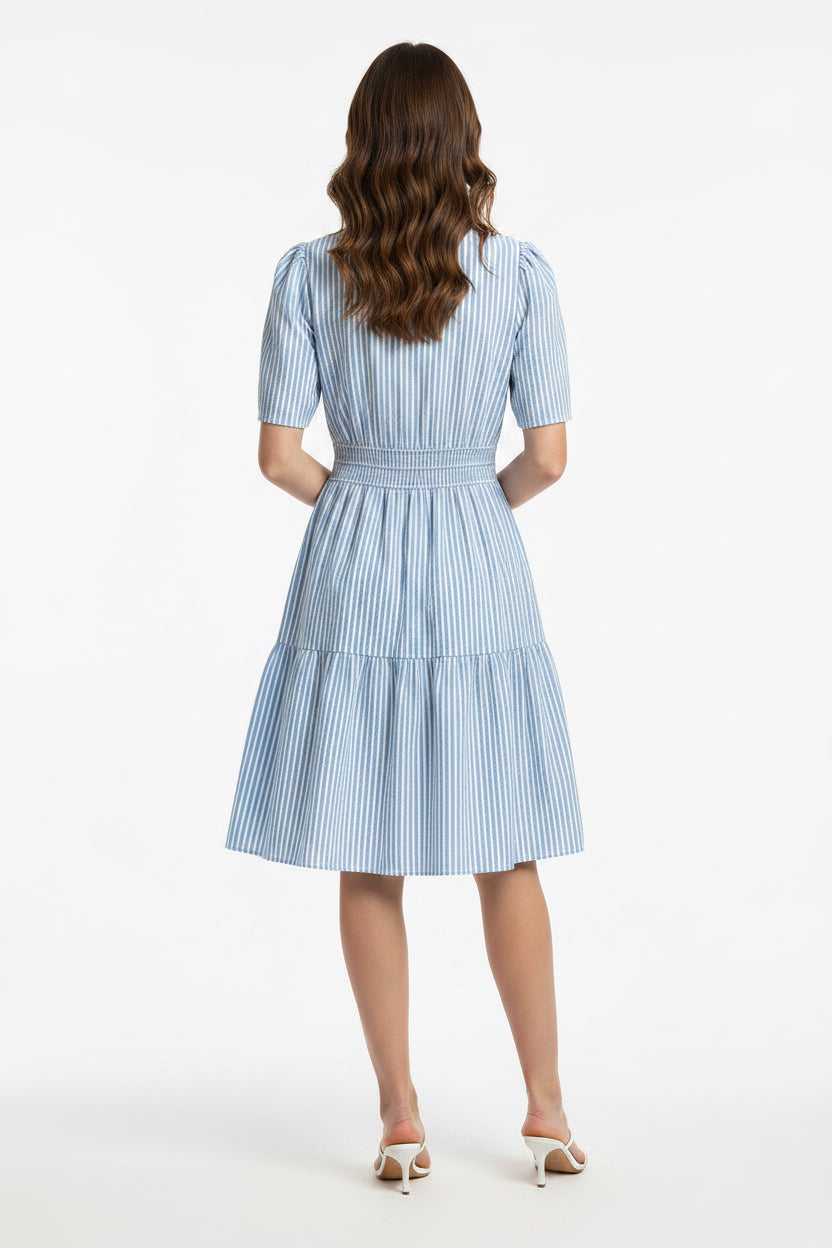 SHORT SLEEVE STRIPED WOVEN MINI DRESS WITH POCKETS