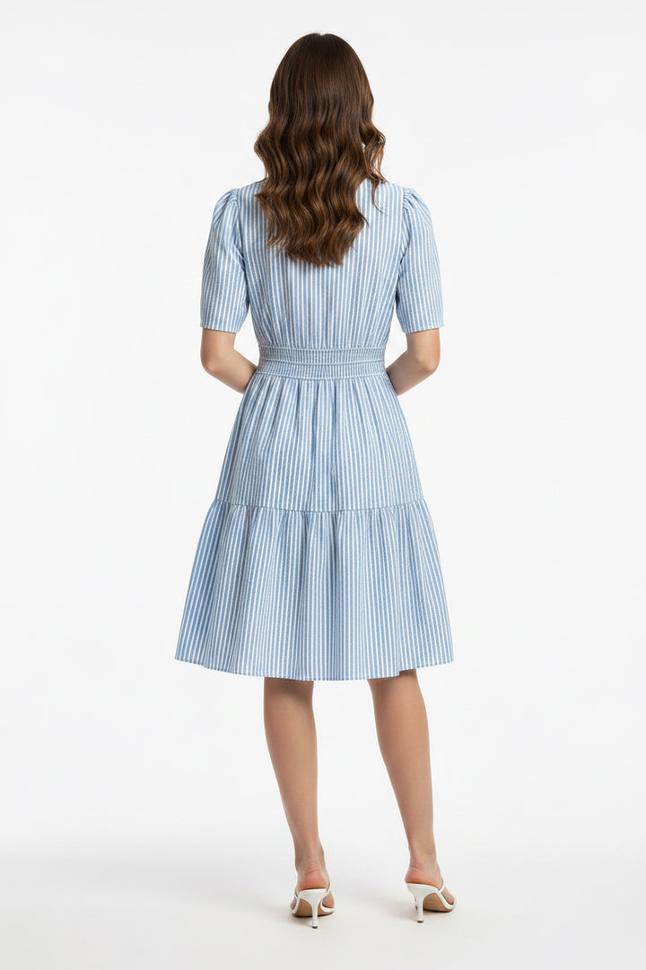 SHORT SLEEVE STRIPED WOVEN MINI DRESS WITH POCKETS