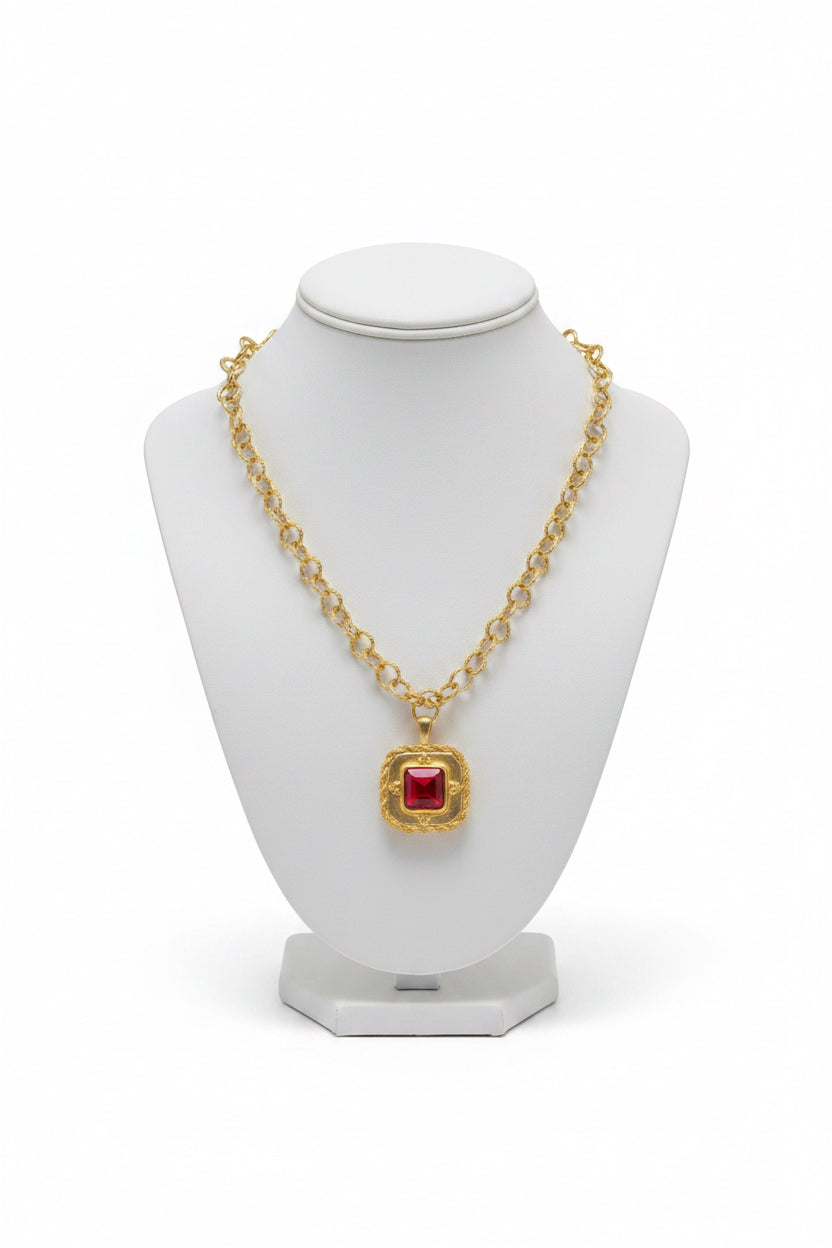 GOLD SQUARE WITH RED STONE NECKLACE
