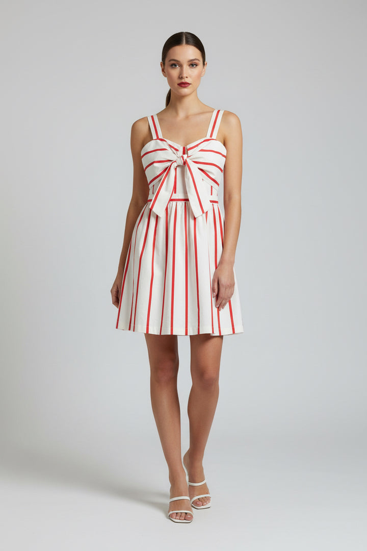V-NECK TIE FRONT FIT AND FLARE STRIPE MINI DRESS