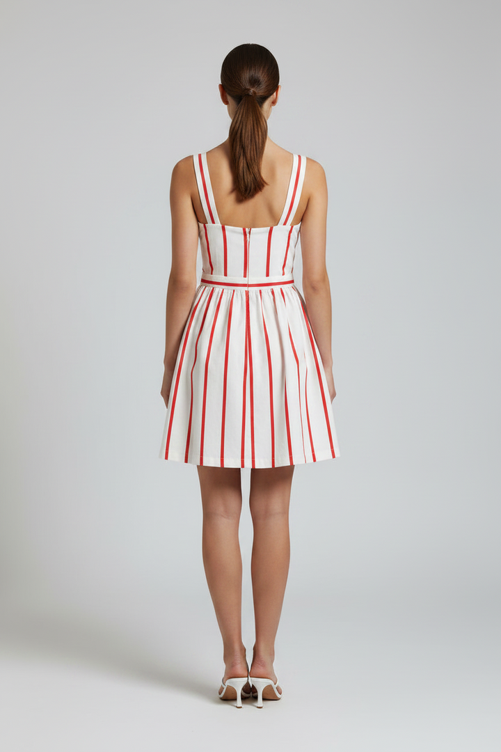 V-NECK TIE FRONT FIT AND FLARE STRIPE MINI DRESS