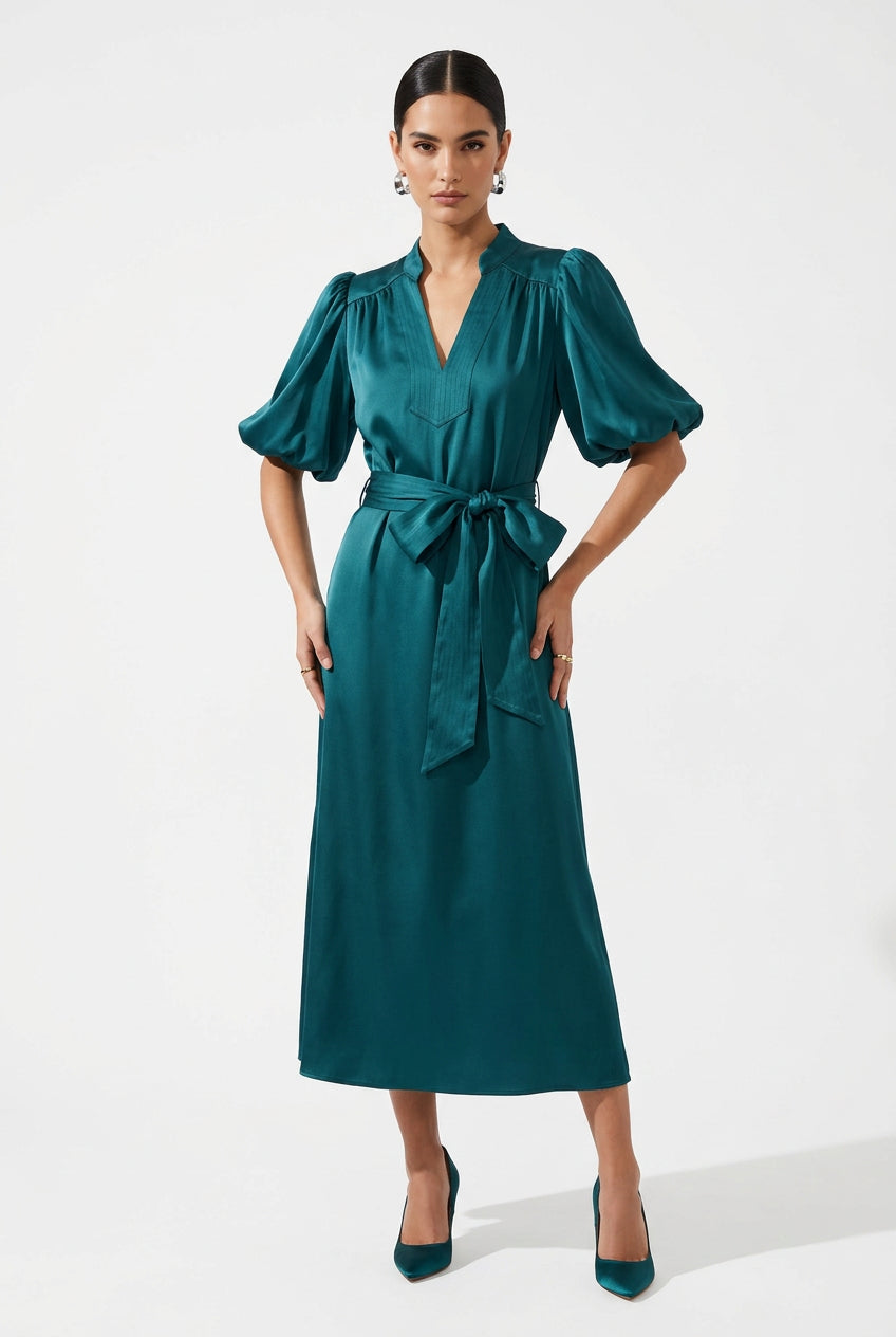 SHORT SLEEVE SILK MIDI DRESS