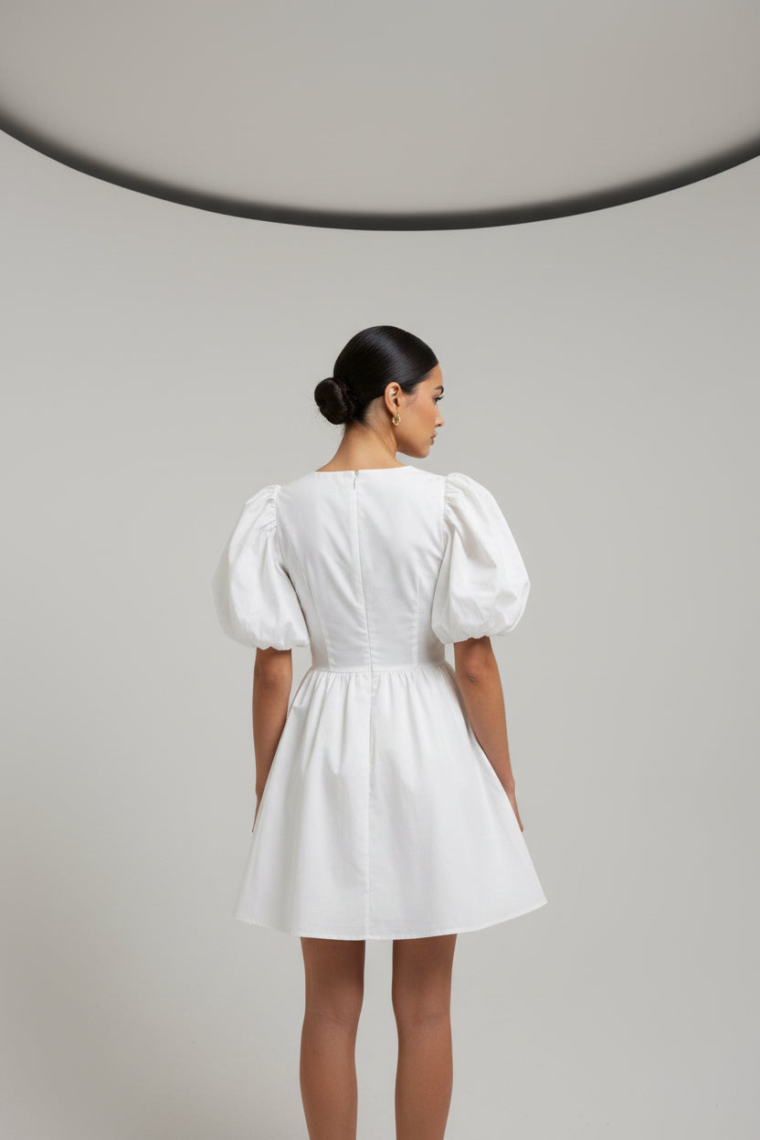 VNECK MINI DRESS WITH BUBBLE SLEEVE & FRONT BOW DETAIL