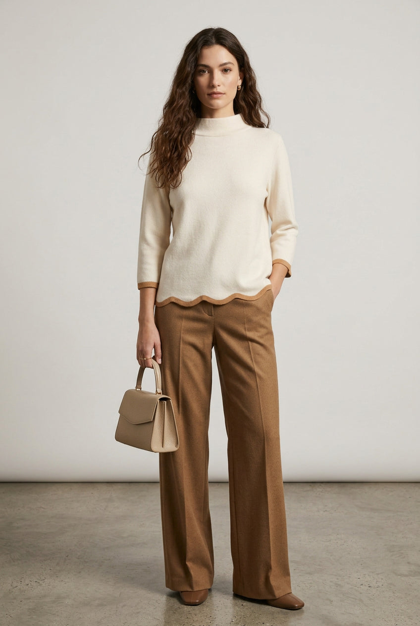SCALLOP EDGE MOCK NECK SWEATER TOP