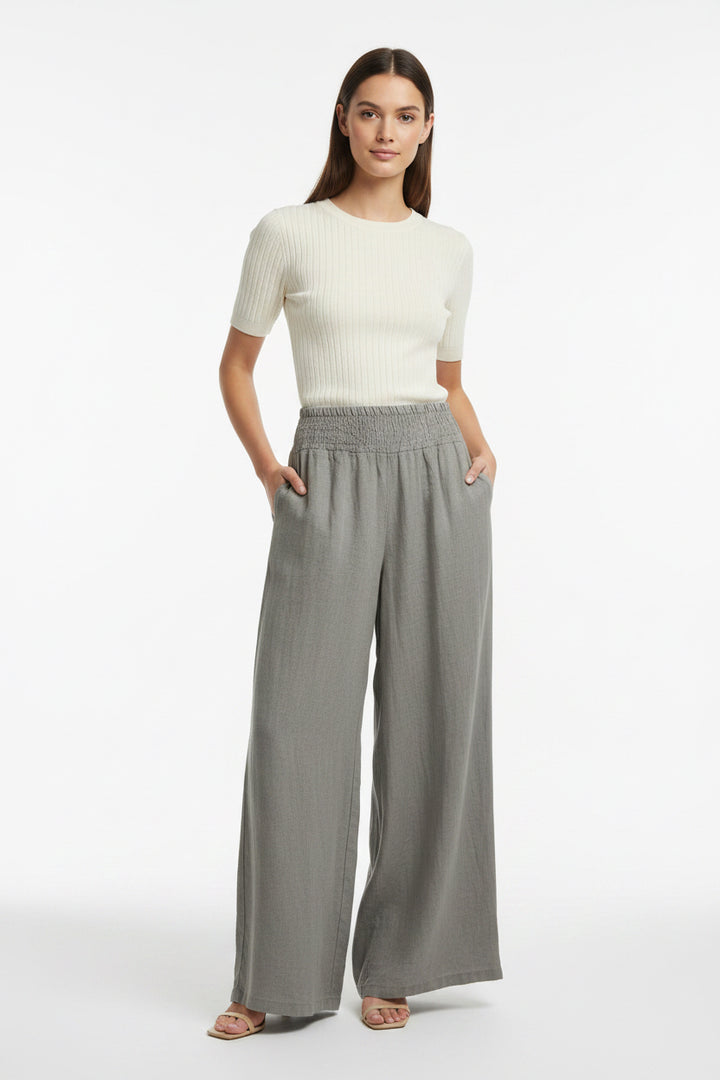 Linen Smocked Waist Palazzo Pant