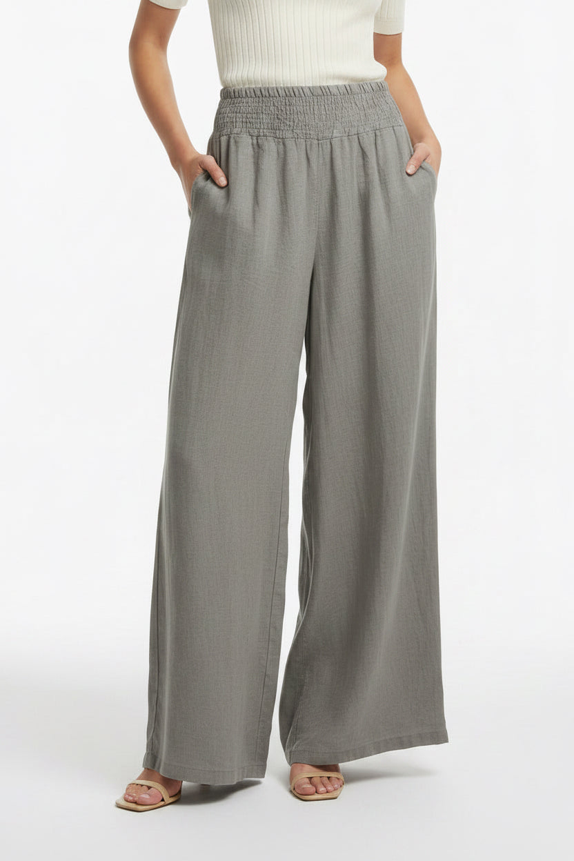Linen Smocked Waist Palazzo Pant