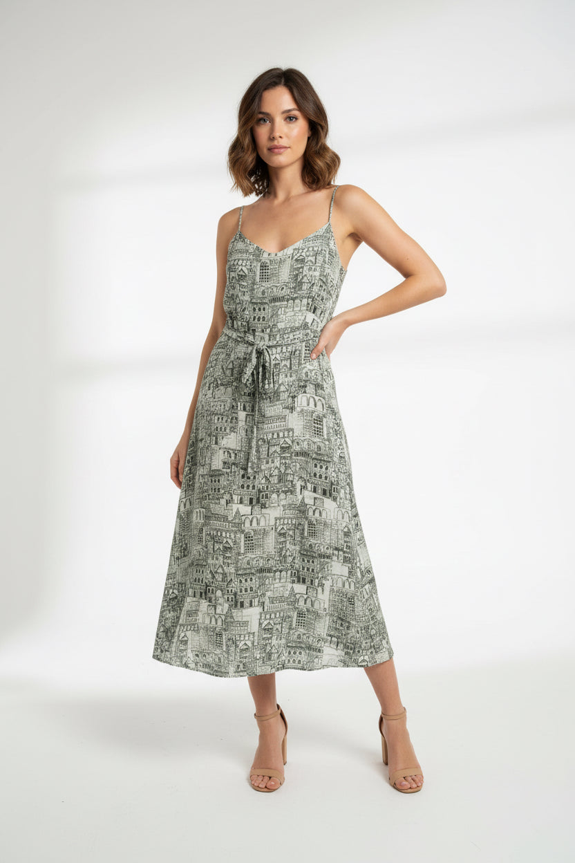 THIN STRAP EUROPEAN ARCHITECTURE PRINT DRESS