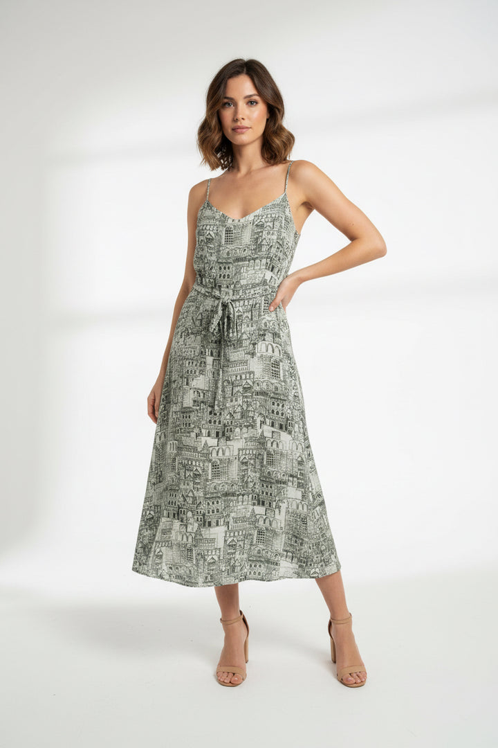 THIN STRAP EUROPEAN ARCHITECTURE PRINT DRESS