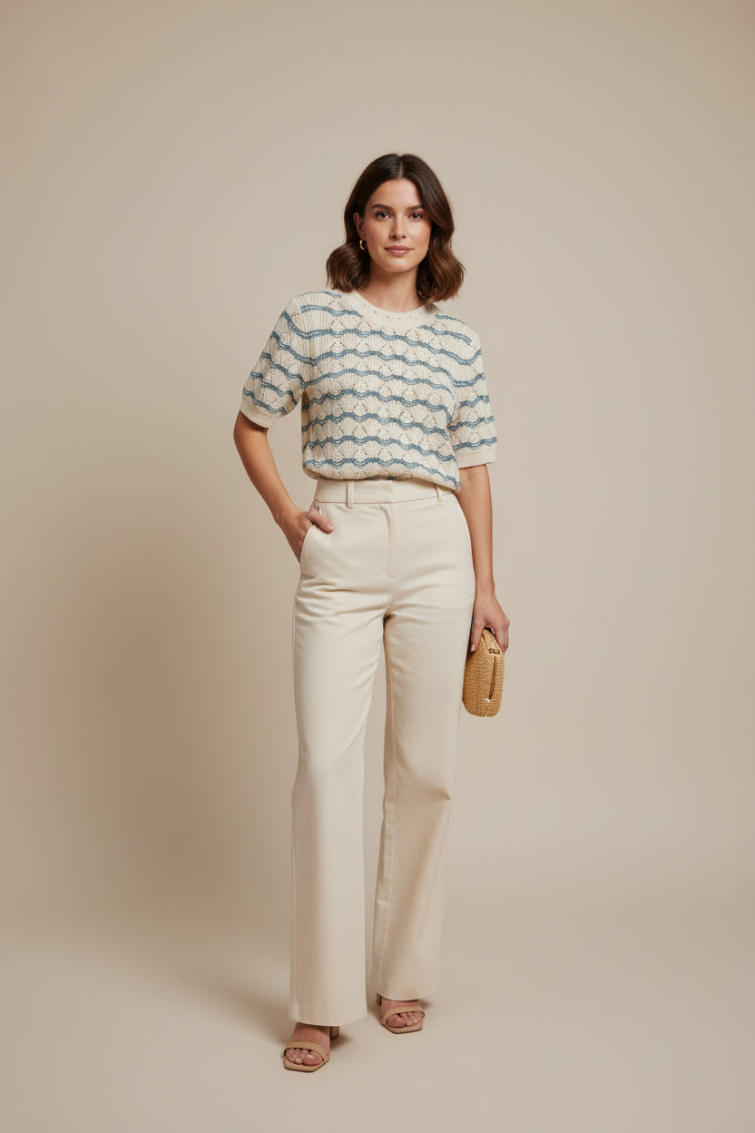 SHORT SLEEVE MULTISTITCH PULLOVER SWEATER