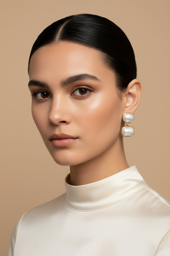 RECTANGLE DOUBLE PEARL 1.5" EARRINGS