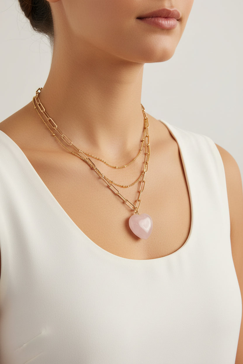 GOLD PAPERCLIP CHAIN NECKLACE WITH HEART STONE