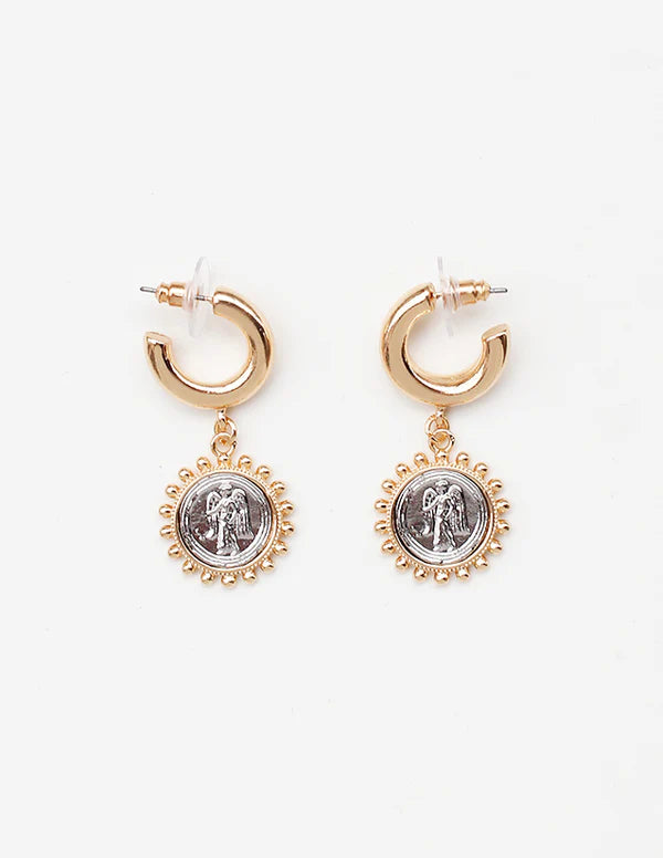 GOLD HUGGIE HOOP WITH SILVER COIN 1" EARRING
