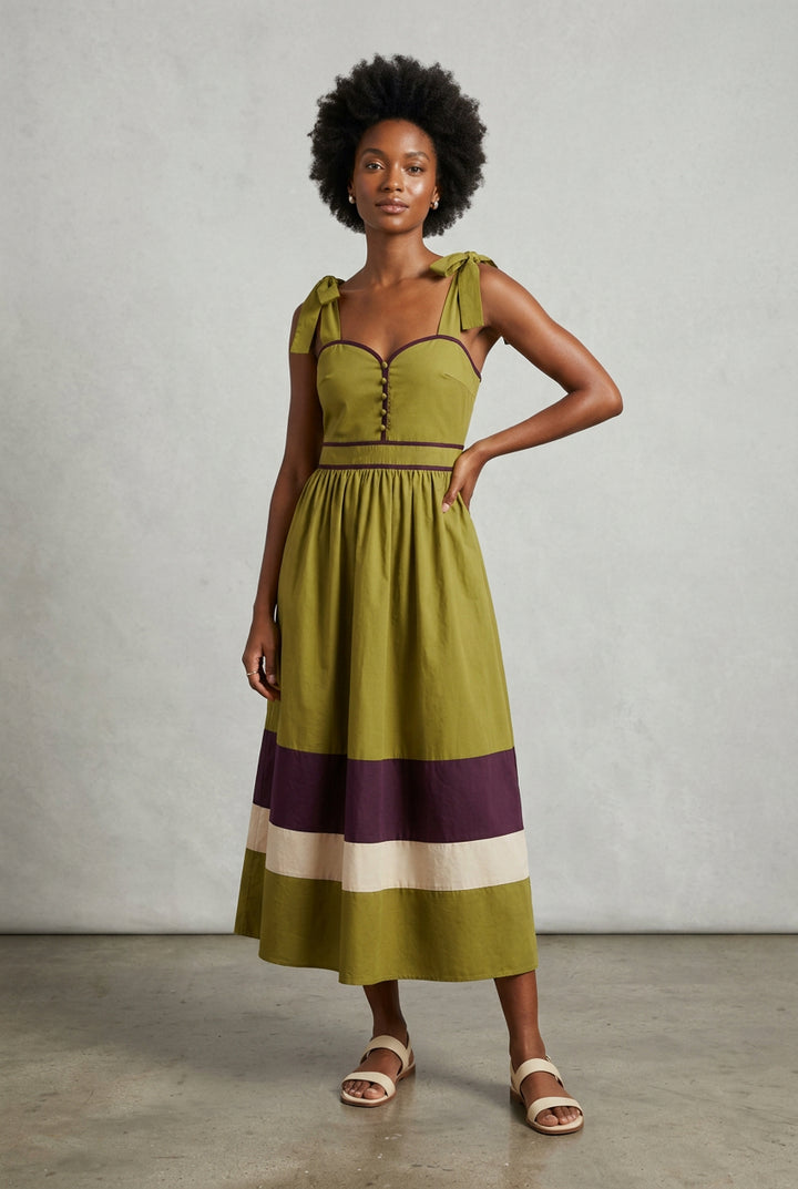 TIE STRAP SWEATHEART NECKLINE MIDI DRESS