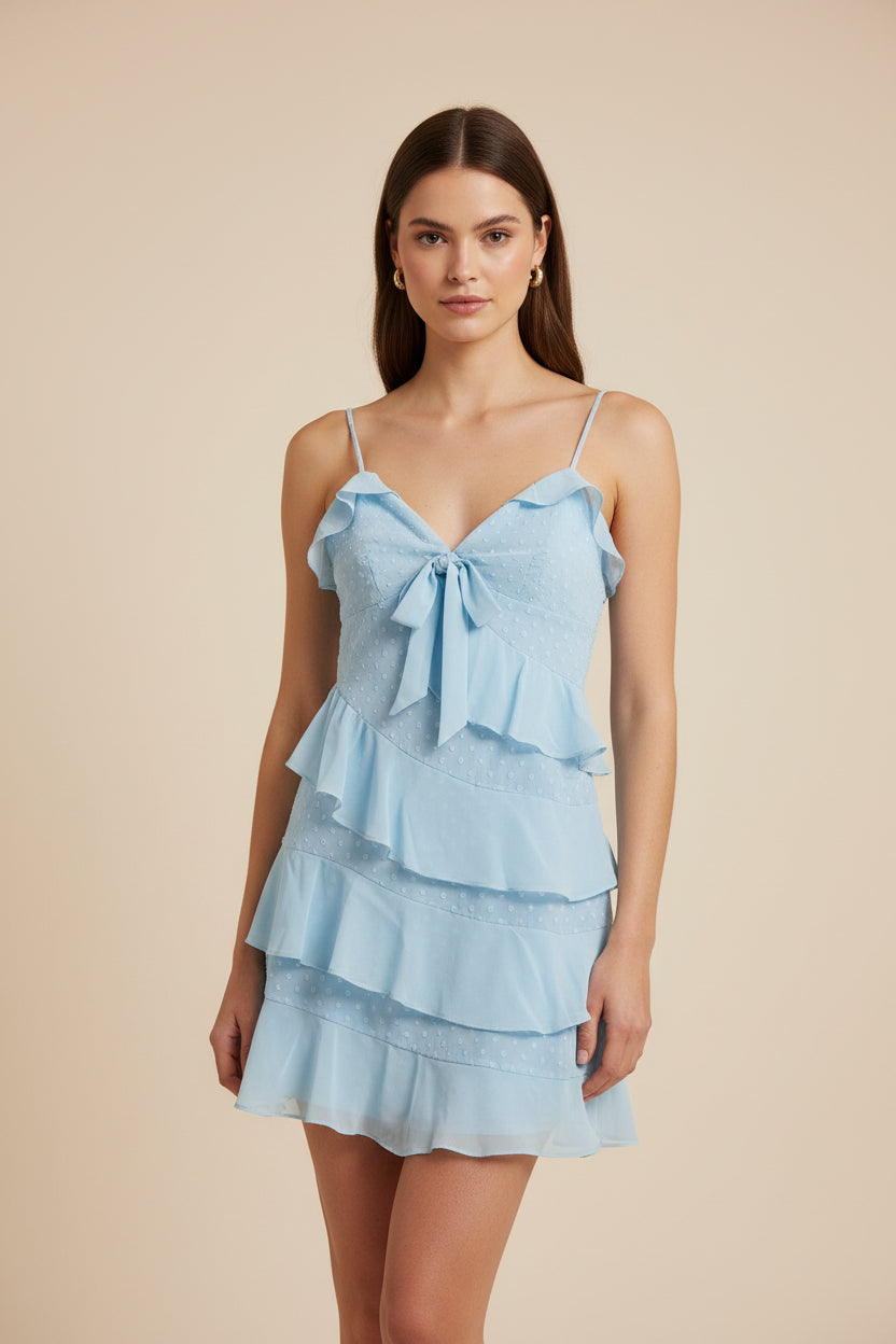SWISS DOT ASYMMETRICAL TIERED RUFFLE CAMI MINI DRESS