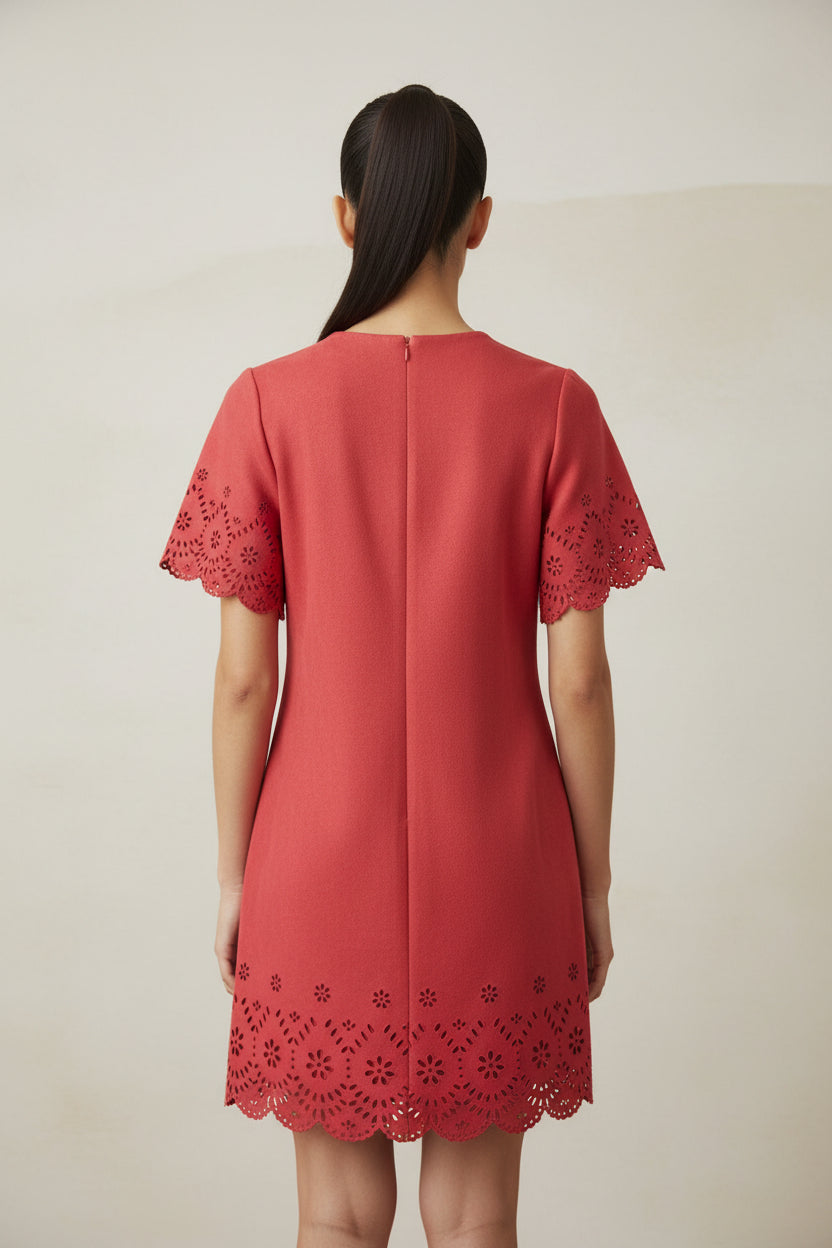 FLORAL EYELET FAUZ SUEDE A-LINE MINI DRESS