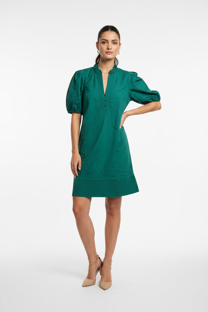 PUFF SLEEVE V-NECK WITH BUTTONS DRESS