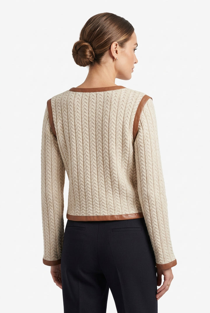 FAUX LEATHER TRIM CABLE KNIT JACKET