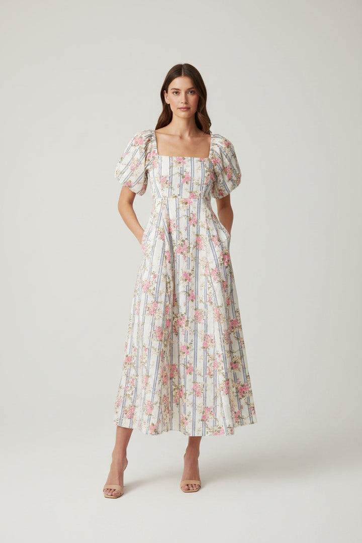 FLORAL MIDI DRESS WITH PUFF SLEEVES AND SQUARE NECK