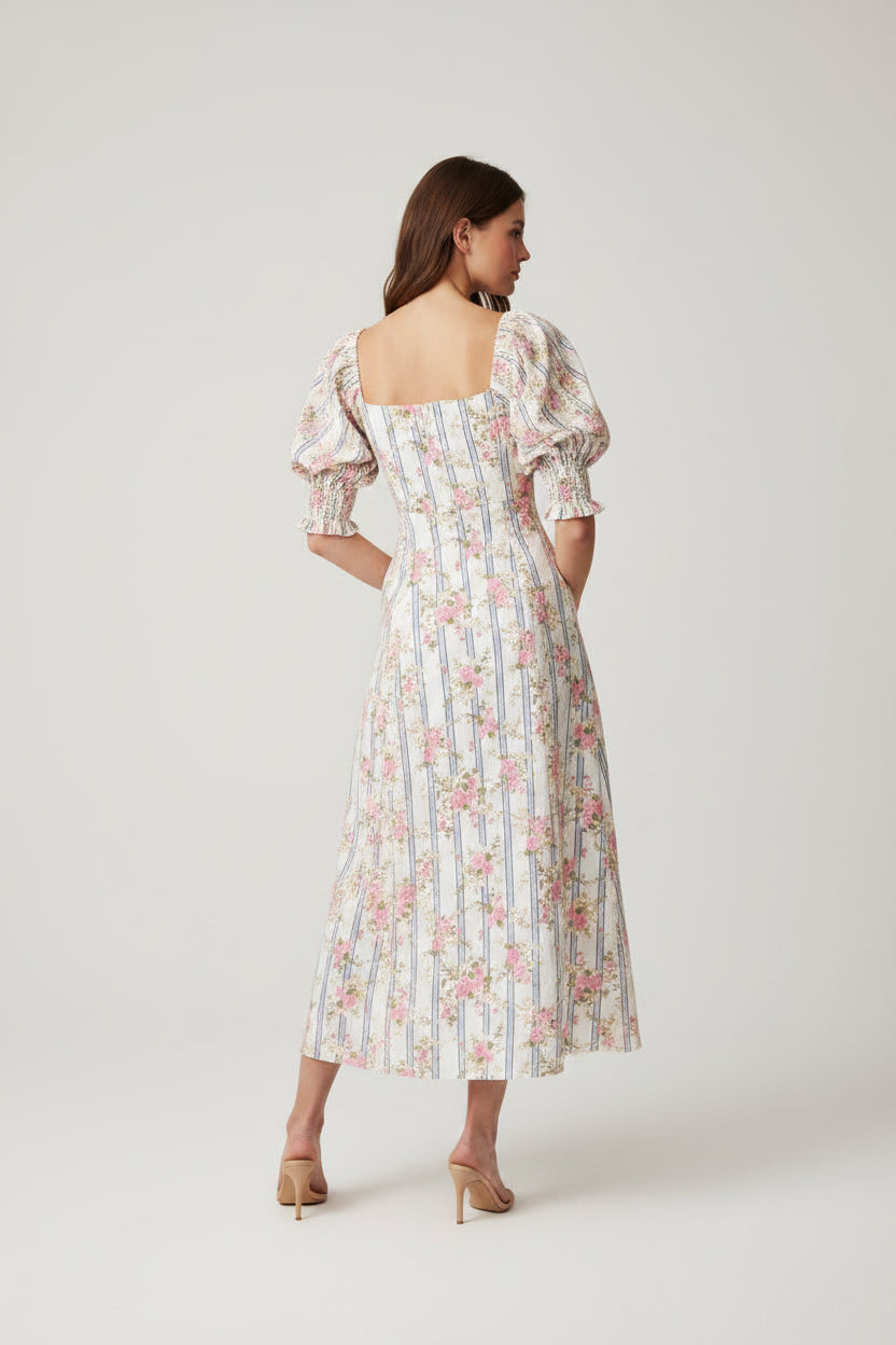 FLORAL MIDI DRESS WITH PUFF SLEEVES AND SQUARE NECK