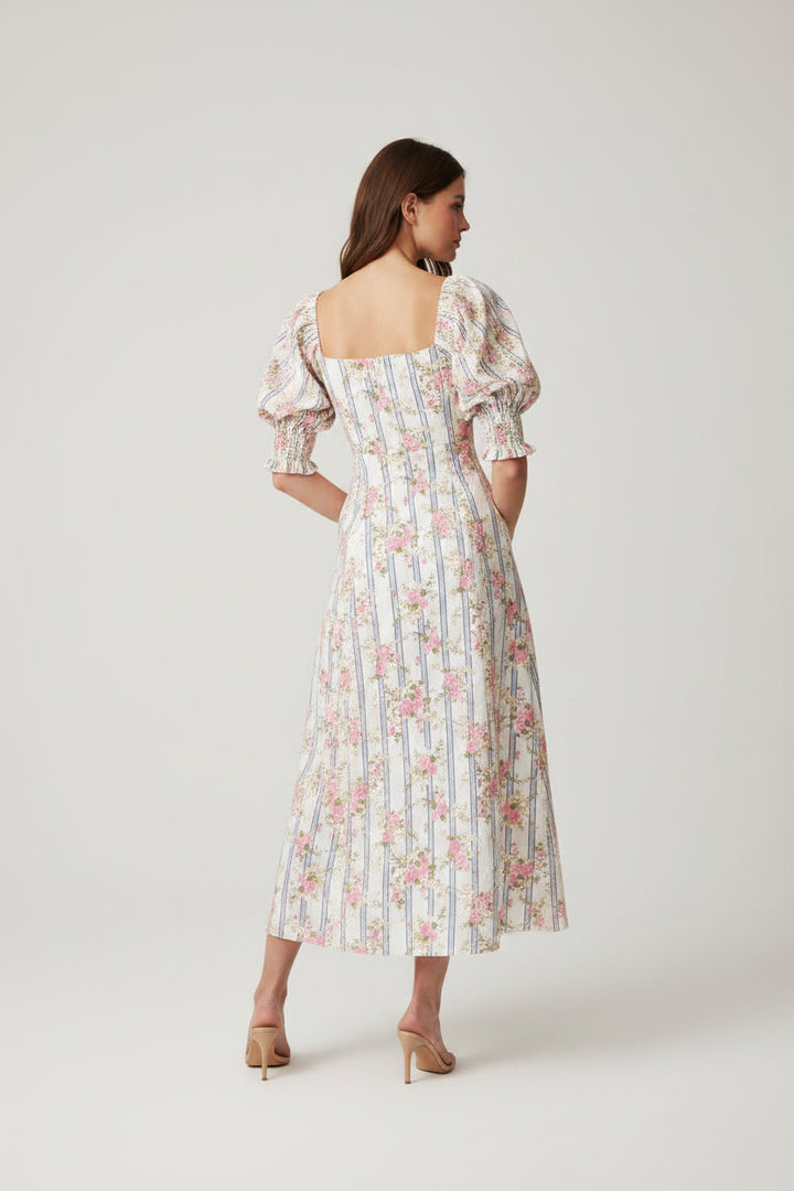 FLORAL MIDI DRESS WITH PUFF SLEEVES AND SQUARE NECK