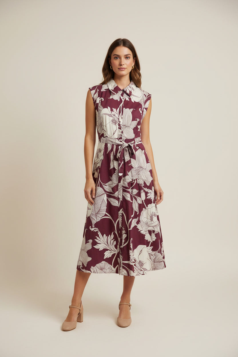 CAP SLEEVE WITH RIVET WAIST TIE MIDI DRESS