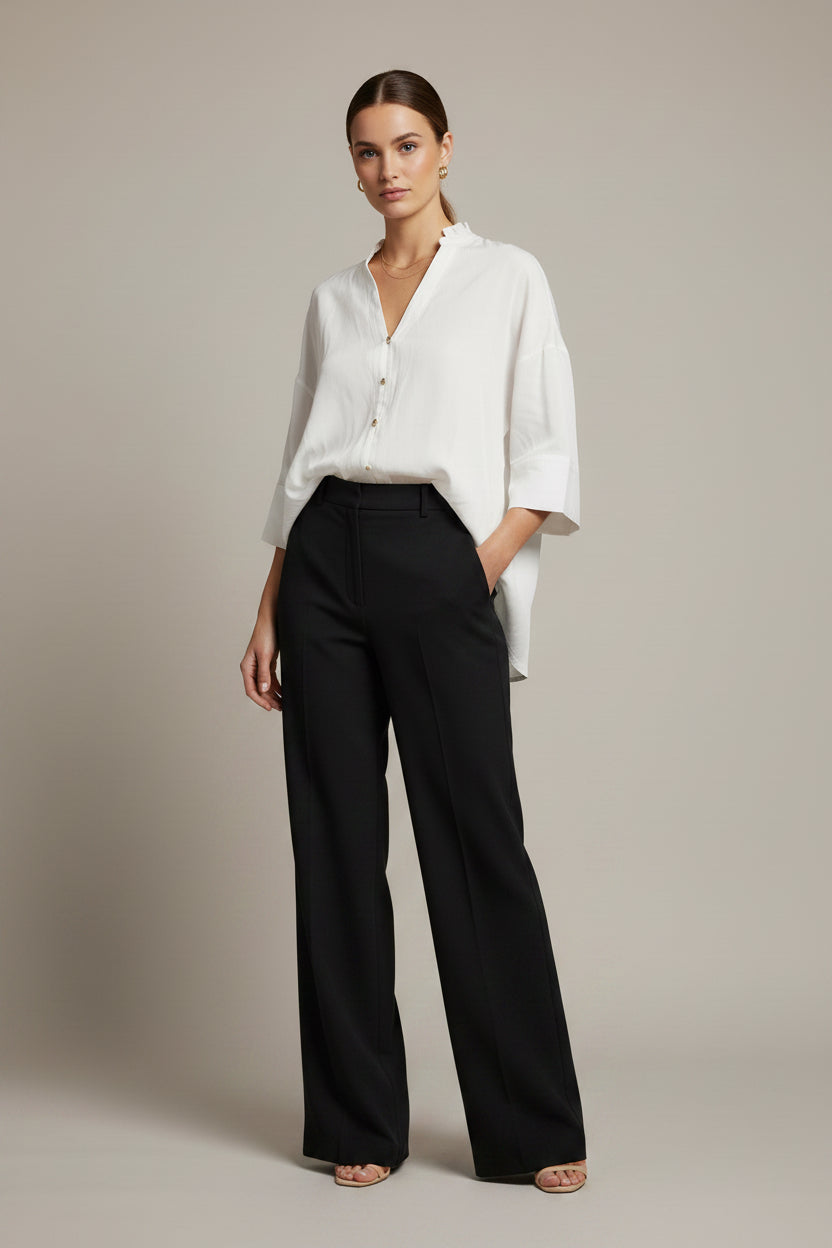 RUFFLE V-NECK WIDE SHORT SLEEVES SHIRT