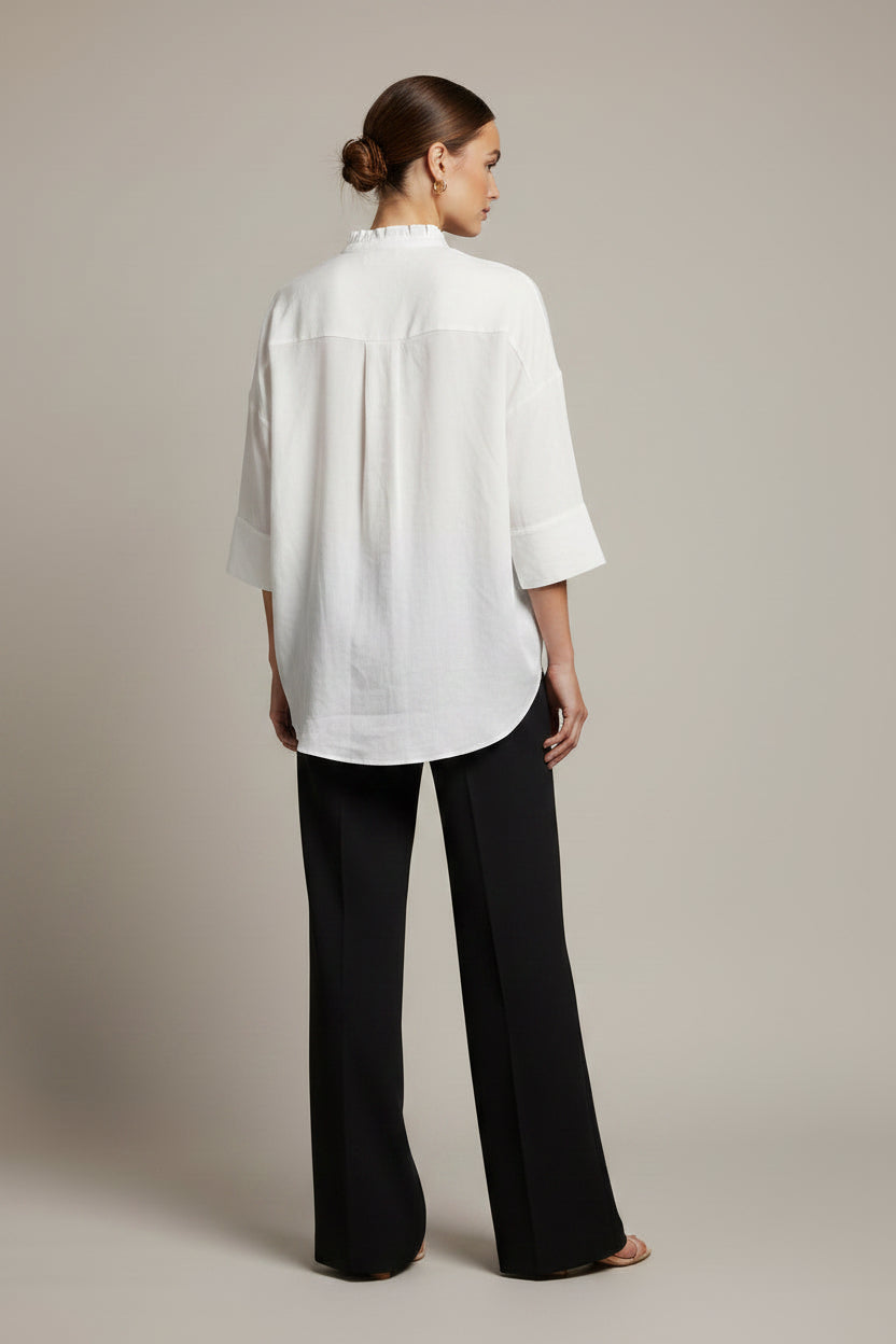 RUFFLE V-NECK WIDE SHORT SLEEVES SHIRT