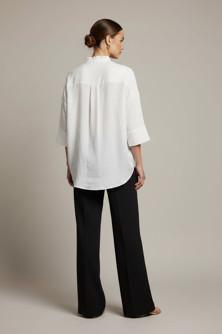 RUFFLE V-NECK WIDE SHORT SLEEVES SHIRT