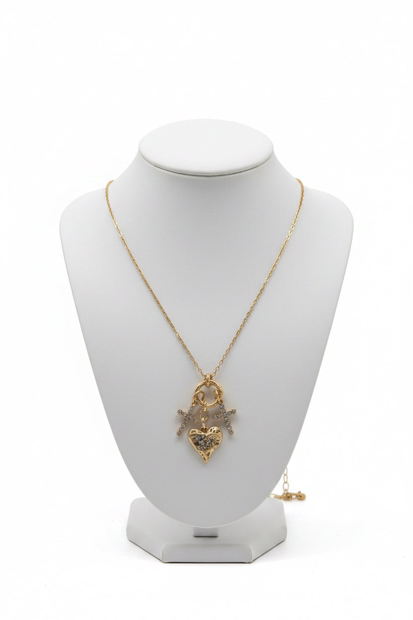 Double Cross and Heart Charm Necklace