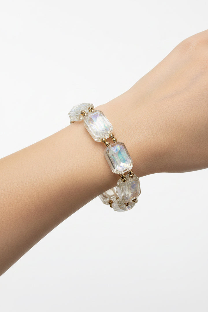 BLUE OPAL CRYSTAL RECTANGLE AND GOLD STRETCH BRACELET