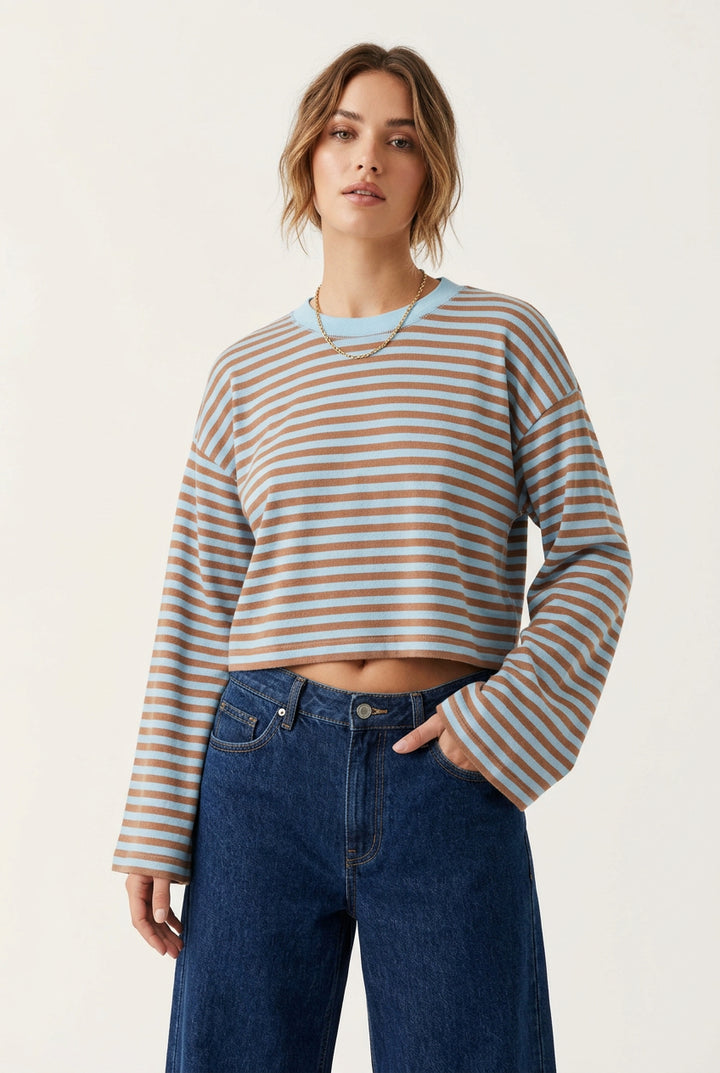 KNIT TOP WITH DROP SHOULDER AND CONTRAST NECKLINE
