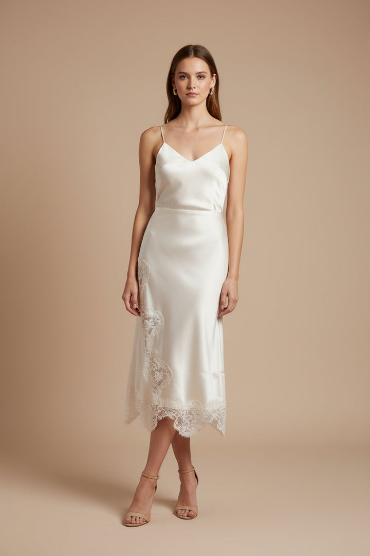 MID WAISTED LACE TRIM DETAIL BIAS MIDI SKIRT